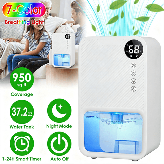 Small Household Dehumidifier for Bathroom Closet RV, Real-Time Humidity Display, 1.1L Water Tank, Auto Shut-Off, 24H Timer & 7 Color Night Light