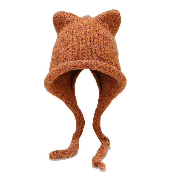 Gorro de punto cálido para invierno con orejas de gato para mujer, gorro de lana Baotou, protección para los oídos, gorro para el frío