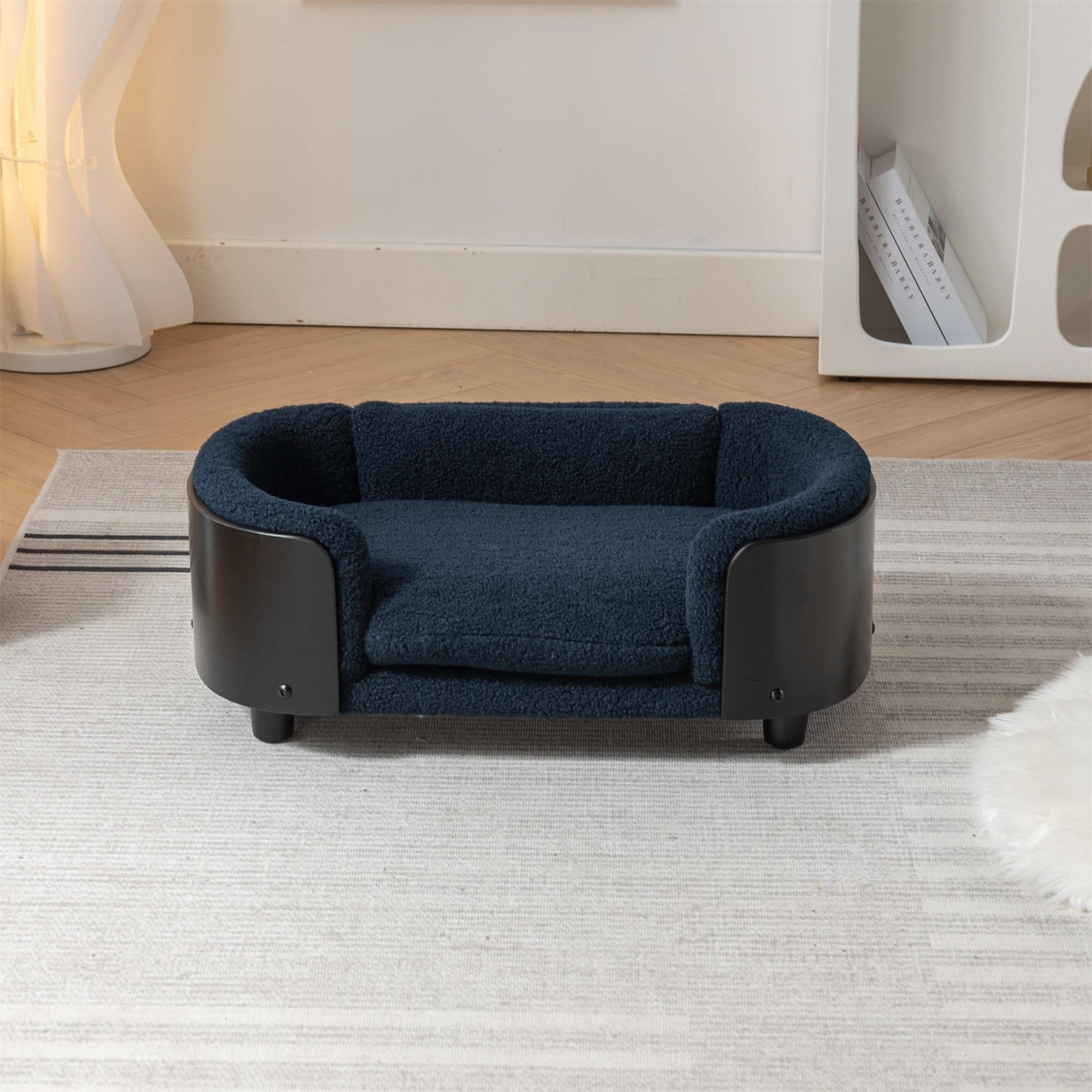Pefilos 26" Pet Sofa for Indoors Dogs, Cat and Dog Bed with Solid Wood Legs and Black Bent Wood Back, Cashmere Cushion, Blue Pefilos 26" Pet Sofa for Indoors Dogs, Cat and Dog Bed with Solid Wood Legs and Black Bent Wood Back, Cashmere Cushion, Blue
