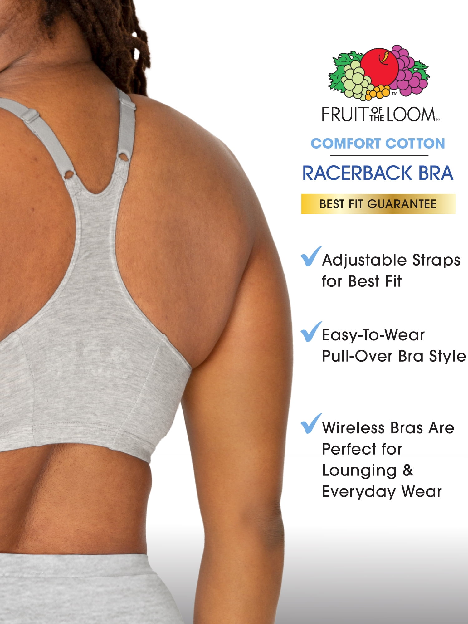 Fruit of the Loom Women's Shirred Front Racerback Sports Bra, Style-90011, 3-Pack