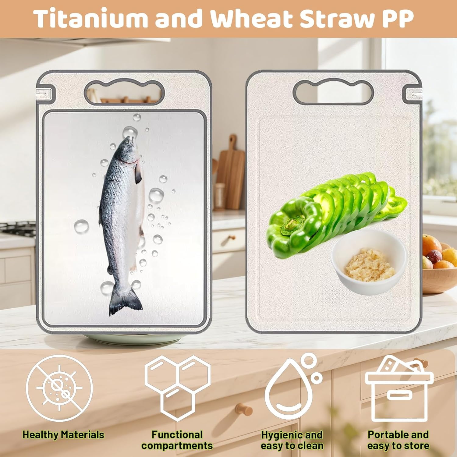 14.3" x 9.8" Titanium Cutting Board with Built-In Knife Sharpener, Double-Sided Durable Surface with Juice Groove, Easy-Clean Kitchen Chopping Board (Titanium + Wheat Straw)