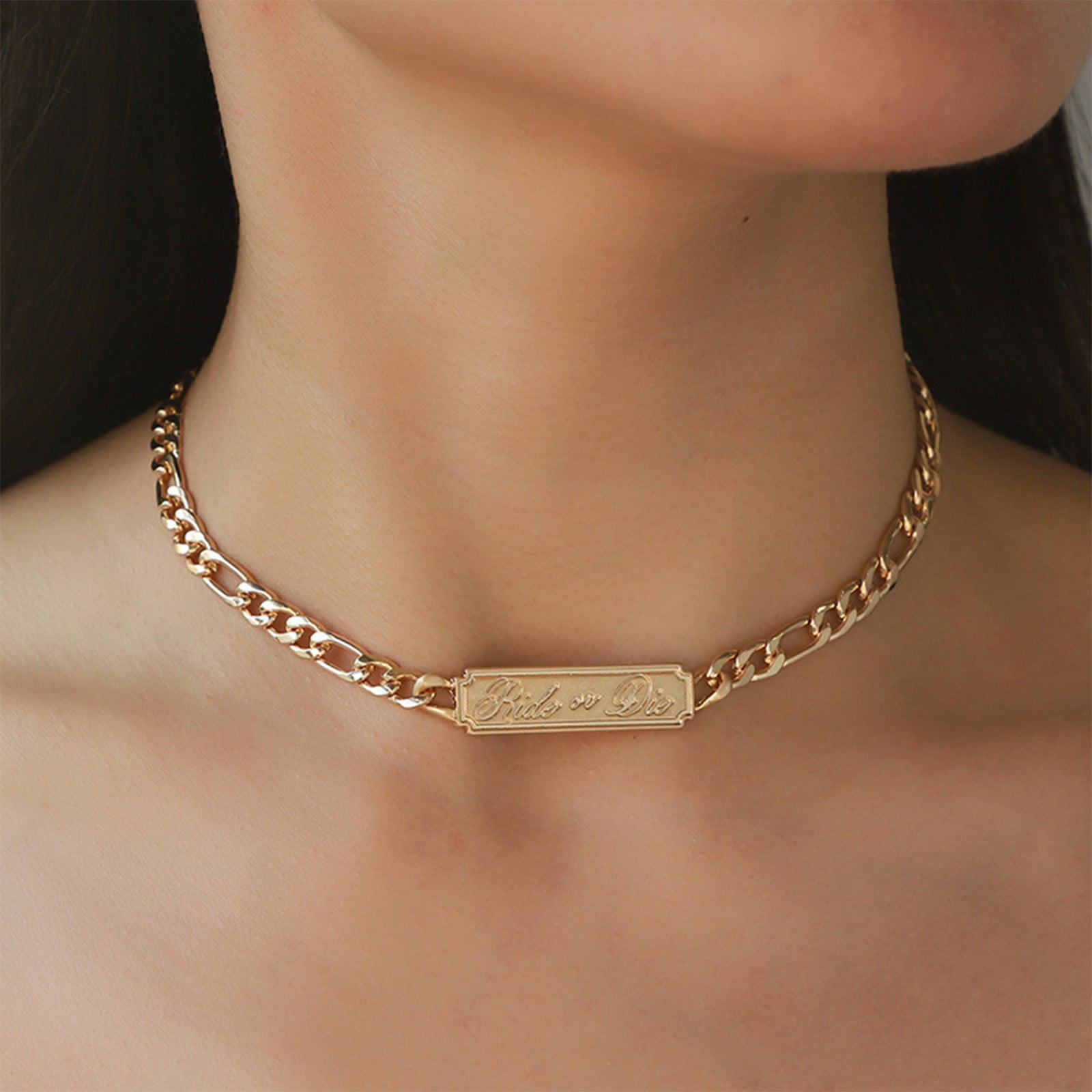 Hip Hop Vintage Necklace for Women, Gold Rectangular Pendant