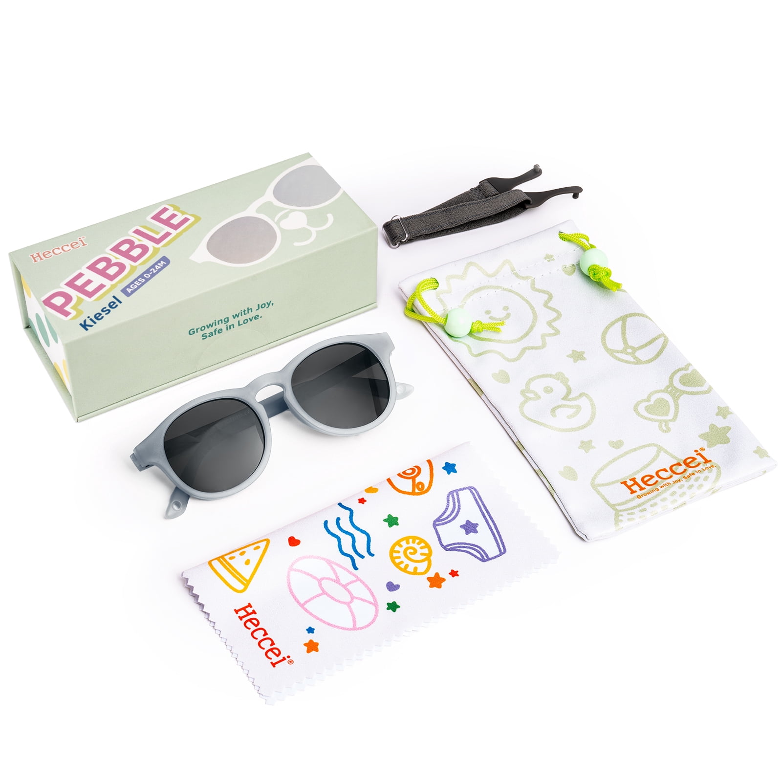 HECCEI Pebblie Sunglasses with Strap - Polarized Sunglasses for Baby Infant Toddler, Ages 0-2 Gray