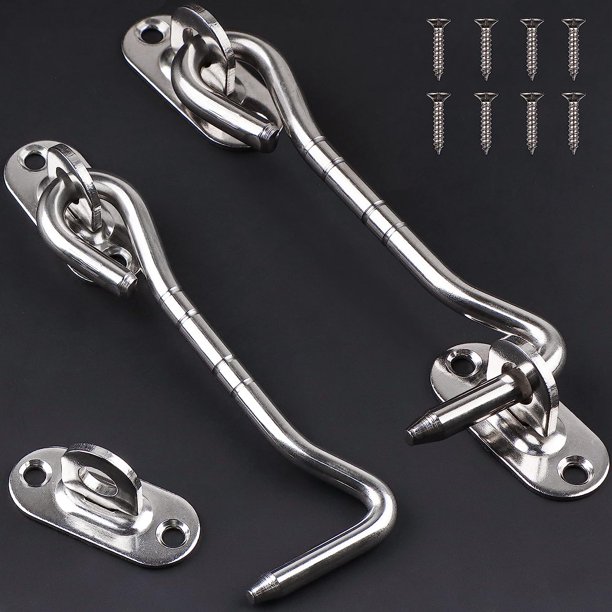 2 ganchos de cabina de acero inoxidable plateados de 15 cm - Pestillos de gancho de puerta - Cerradura de gancho de puerta para puerta corrediza, armario, cobertizo, garaje, jardín - Gancho de ventan