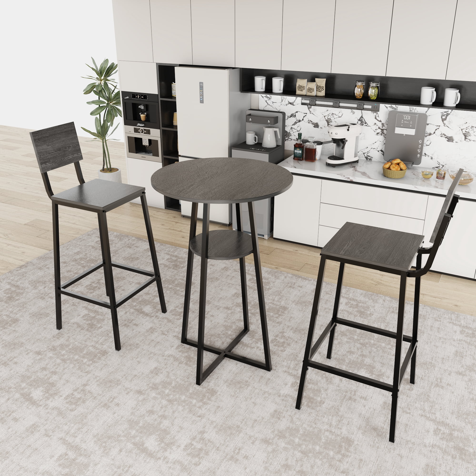 3 Piece Bar Table Set with 2 Bar Stools, Round Pub Height Bistro Table with Storage Shelf, Industrial Counter Height Dining Set for Kitchen, Apartment, Balcony & Cafe