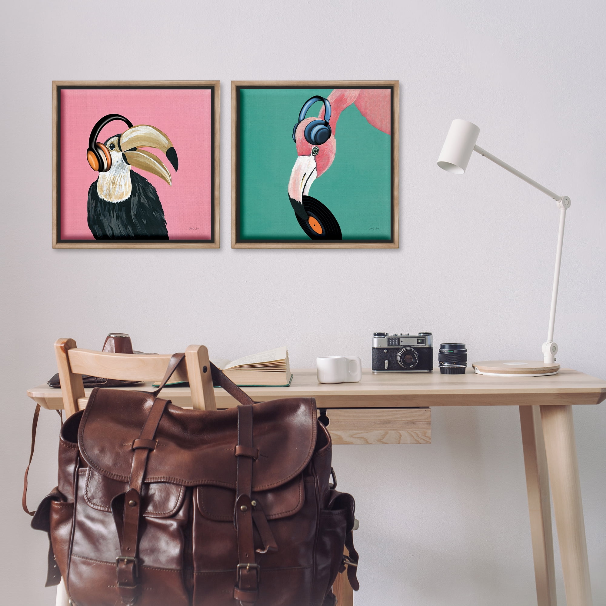 Stupell Industries Toucan and Flamingo Musical Pals Animals Painting Brown Floater Framed Canvas Art Print Wall Art, 18 x 18, Set of 2