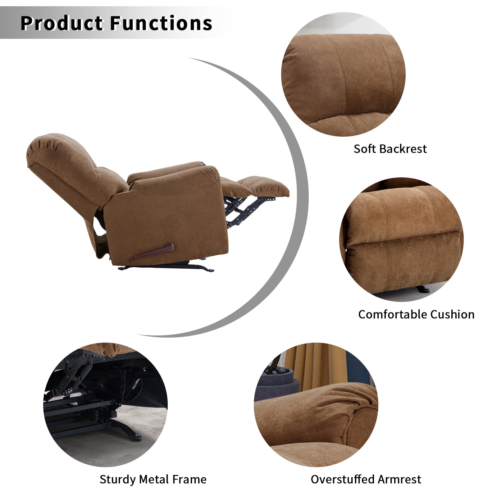 Ebello Manual Rocker Recliner Chair for Adults – Soft Fabric Reclining Sofa with Overstuffed Backrest, 300 lbs Weight Capacity,Brown