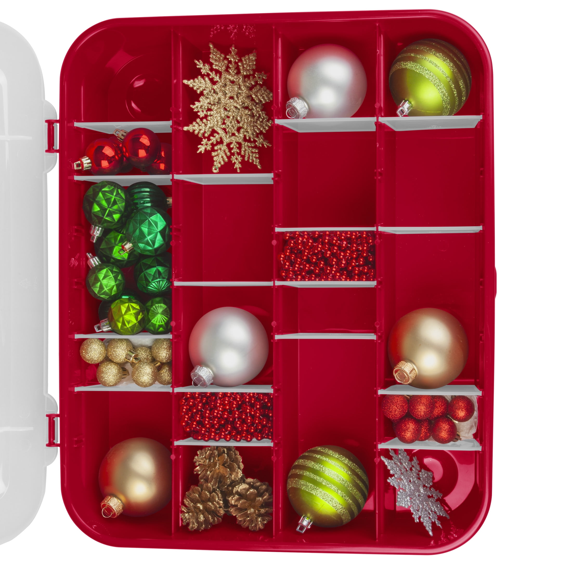 (2 pack) Sterilite Adjustable Ornament Box, Stackable Christmas Storage Bin with Lid, Dividers Create up to 32 Compartments for Holiday Keepsakes, Red