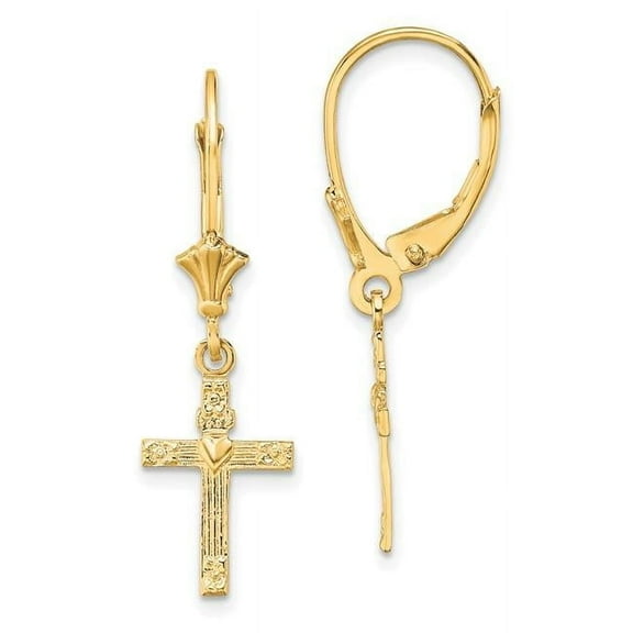 Primal Gold 10 Karat Yellow Gold Textured Heart In Cross Leverback Earrings