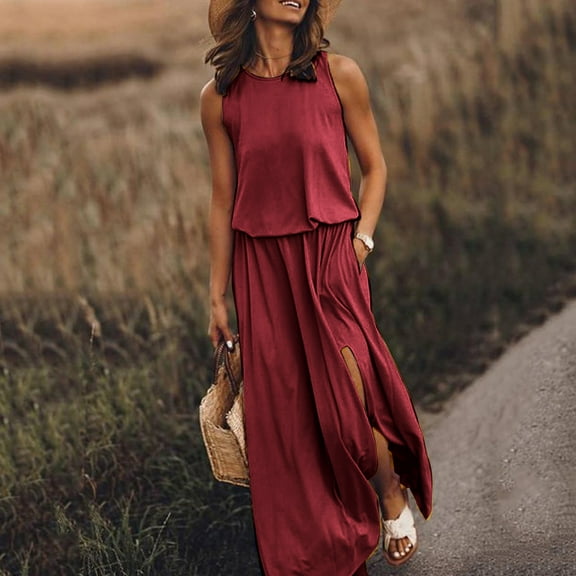 QLEICOM Women Summer Bohemian Solid Fork Opening Dress Casual Sleeveless Belt A-Line Maxi Dress Pleated Hem Swing Sun Dress Red L, US Size: 8