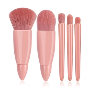 Ruiboury 5 Pièces Brosses de maquillage Poignée en plastique fibre avec miroir Poudre Fondation Make Up Pince à cils Fournitures de cosmétiques débutants