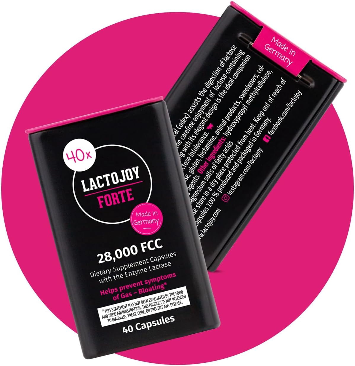 LactoJoy Forte 28,000 FCC – Lactase Capsules with Sustained Enzyme Activity for Up to 6 Hours – 40 Vegan Capsules – Fast-Acting Long-Lasting Lactase – No Additives – Made in Germany