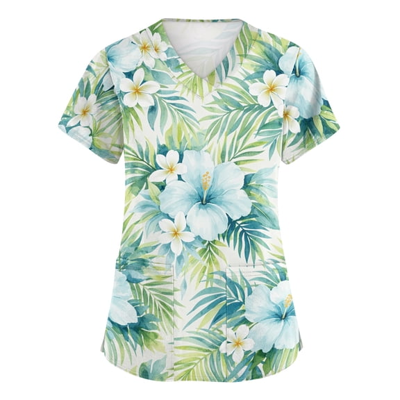 ASDFVBKG Medical Women's Scrub Top Short Sleeve V Neck Working Top with Pocket Floral Printed Plus Size Casual Workwear Scrub Tops Mint Green L