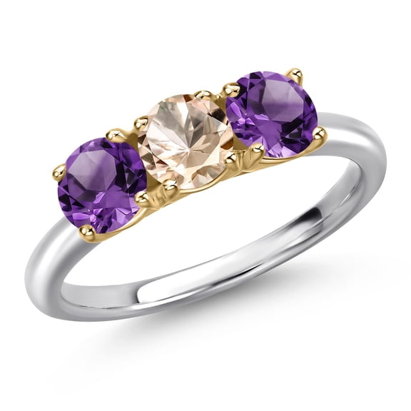 Gem Stone King 925 Silver and 10K Yellow Gold Peach Morganite and Purple Amethyst Engagement Ring for Women | 1.35 Cttw | Round 5MM | Gemstone October Birthstone | Size 8