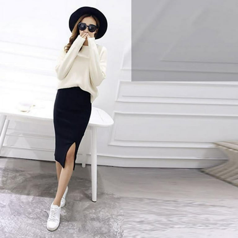 White pencil skirts top below the knee