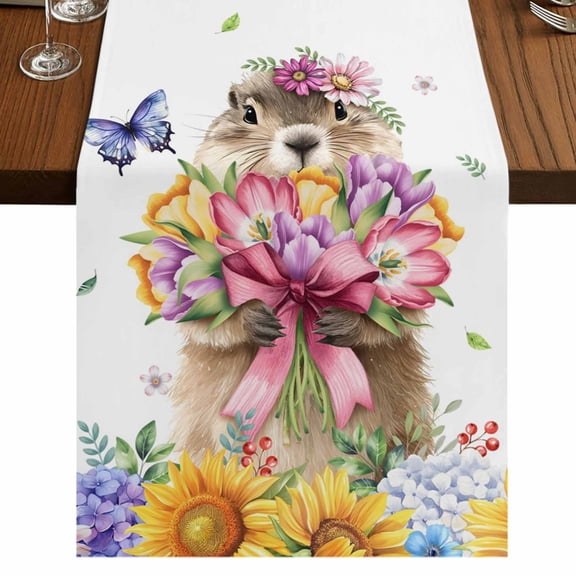 Table Runners 72 Inches Long Dress Scarves, Spring Groundhog Farmhouse Kitchen/Dining Table Runner, Coffee Tablerunners, Watercolor Sunflower Botanical Butterfly 18x72 Inch