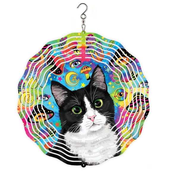 WIRESTER 8” Rainbow Aluminium Tuxedo Cat On Rainbow Mushrooms Wind Spinner