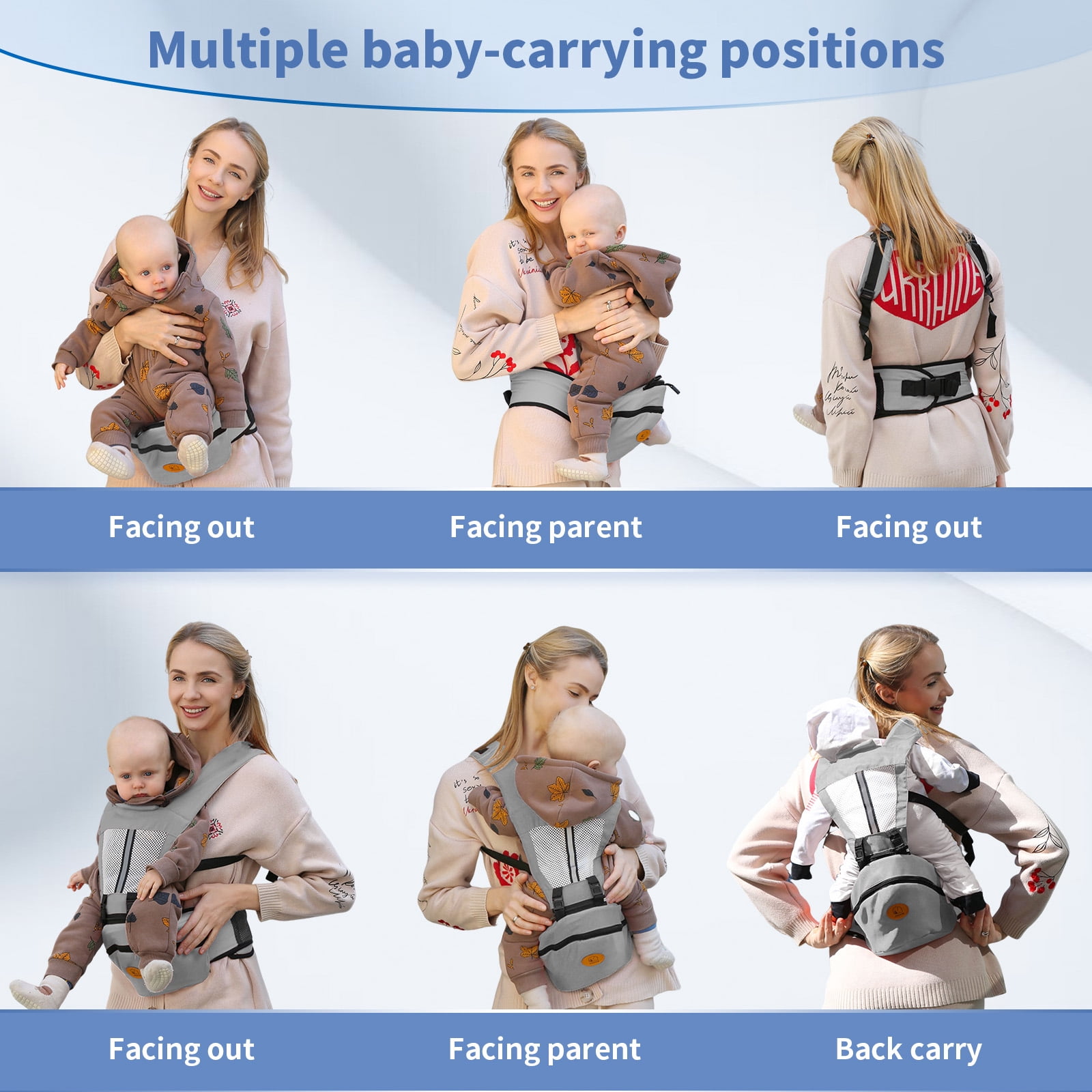 Babyltrl 6-in-1 Baby Carrier with Hip Seat,Ergonomic Infant Carrier Backpack,Breathable Wrap Seat for Newborn Toddlers up to 44 lbs,Gray