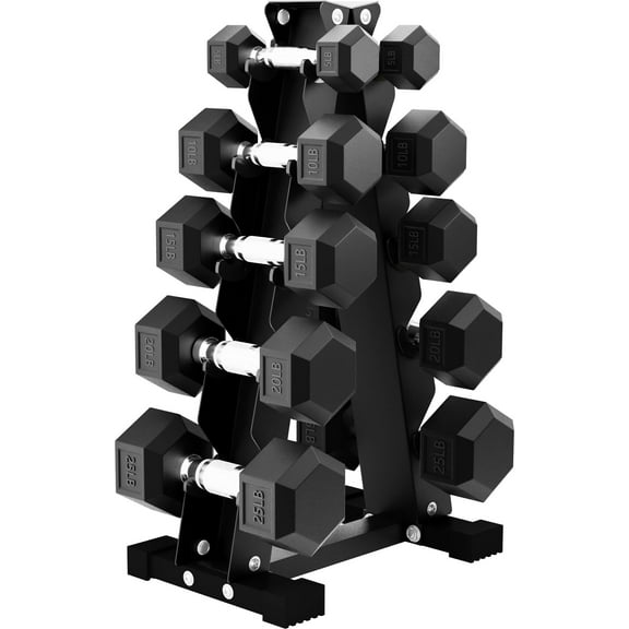 Rubber Coated Hex Dumbbell Weight Set with Storage Rack, 100LB or 150LB or 200LB Set, 5-20 lbs or 5-25 lbs or 10-30 lbs Pairs