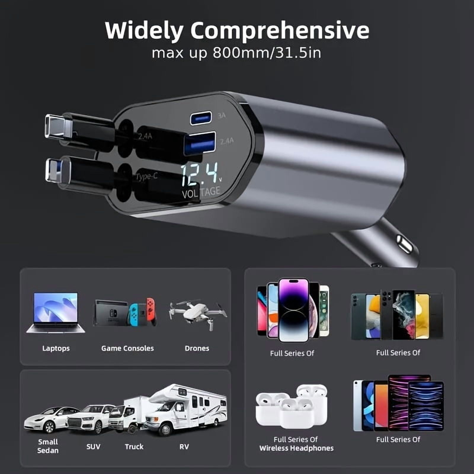 Retractable Car Charger 4in 1 Fast Car Phone Charger, Type C/IOS Car Charger Adapter with 2X Retractable Phone Charger Cables And 2X USB Ports for iPhone 15/14/13/12 Max, Samsung S24/S23, Smartphon