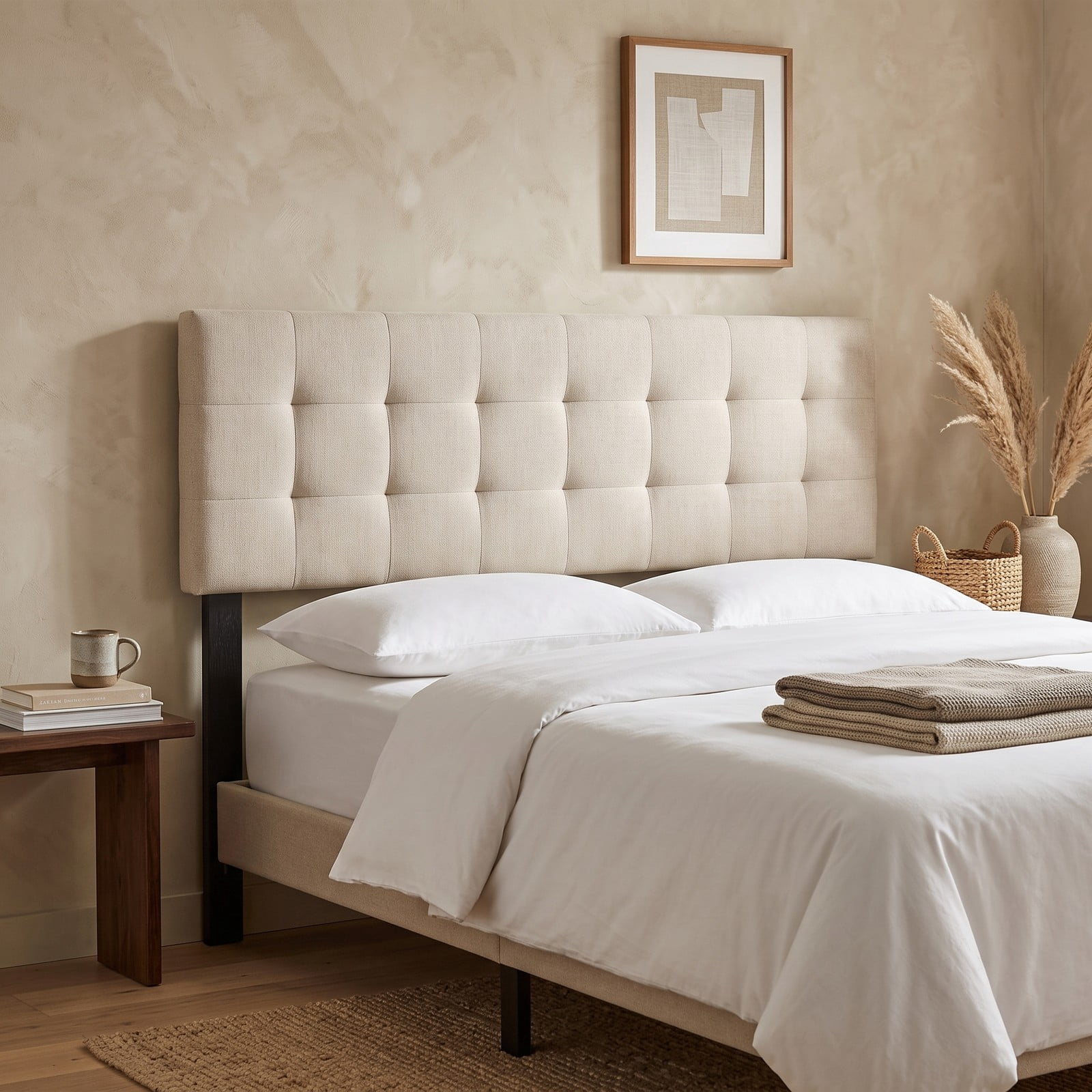 Furnibear Upholstered Headboard for Full and Queen Beds, Quilted Grid Linen Bed Frame Headboard with Adjustable Legs, Fits Queen Bed Frame, Beige