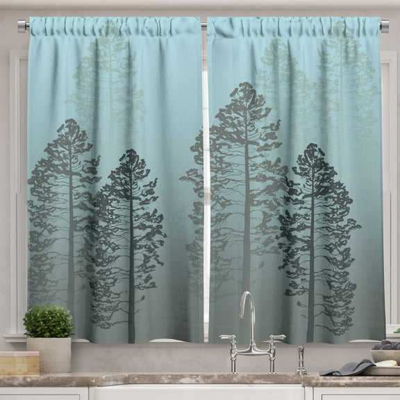 Ambesonne Country Kitchen Curtains, Pine Trees Woodland Ombre, 55"x45", Pale Blue