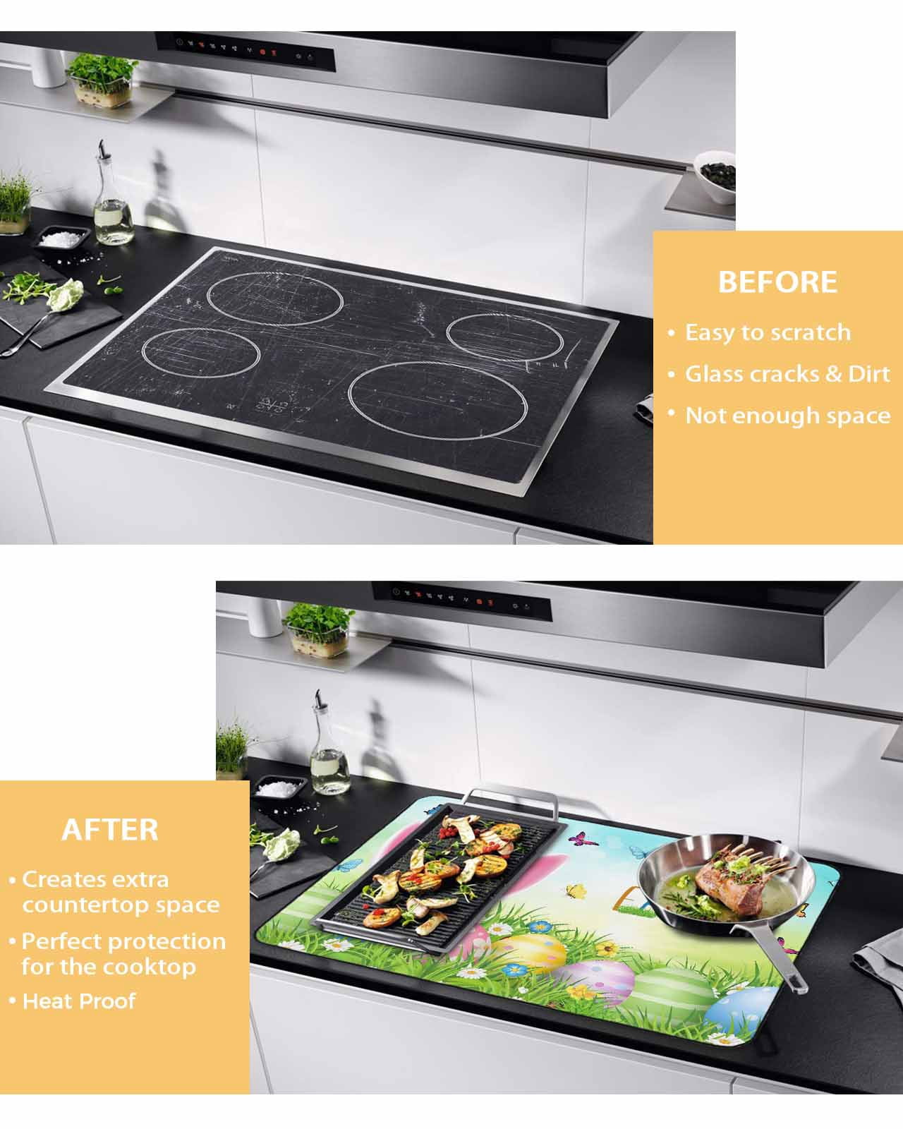 Large Induction Cooktop Protector Mat Easter Stove Top Covers for Electric Stove, Spring Easter Eggs Bunny Butterflies Green Decorative Stove Burner Cover Mats, Glass Top Stove Cover