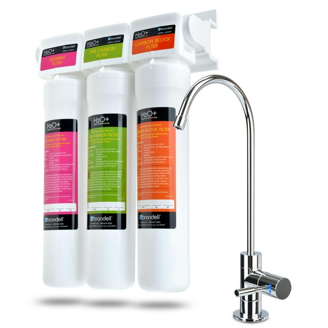 Brondell H2O+ Coral UC300 Sistema de filtración de agua debajo del mostrador de tres etapas - Purificador de agua con grifo cromado de diseño - Filtro de cambio rápido, certificado WQA Gold Seal
