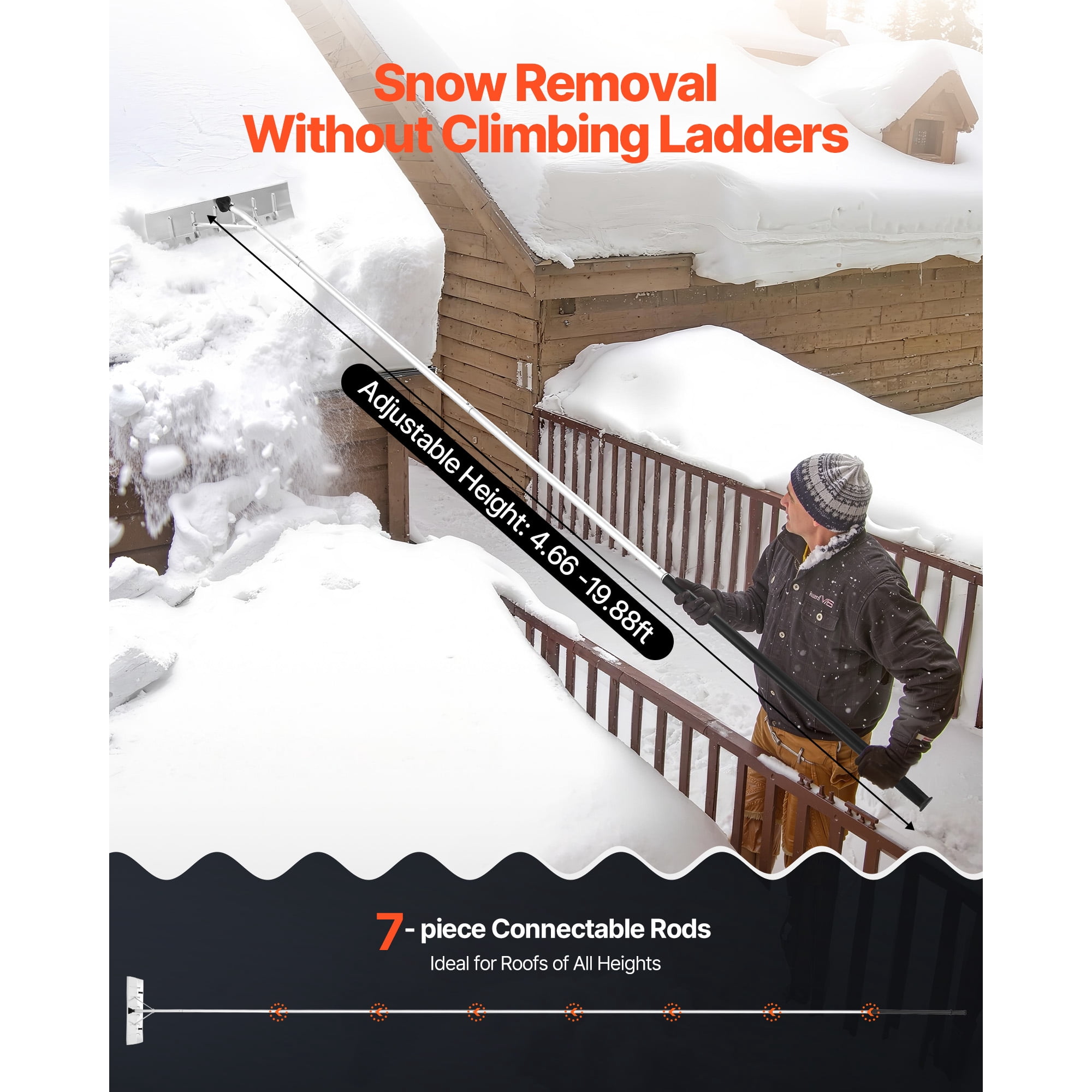 KFFKFF Snow Roof Rake, 26 in Aluminum Blade, 7.5-20 ft Adjustable Roof Snow Scraper with Wheels, Anti-Slip Handle for Snow, Leaves, and Debris Removal