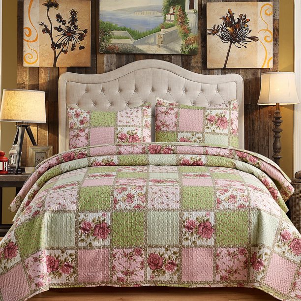JML Quilt Set, Queen, Pink Patchwork, 3 Piece