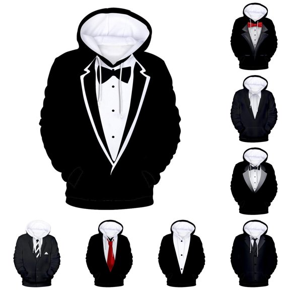 XIAOCHA 3D Suit Graphic Hoodie For Men Fake Formal Outfit Print Hooded Sweatshirt Fashion Sweatshirt, White, Sizes M