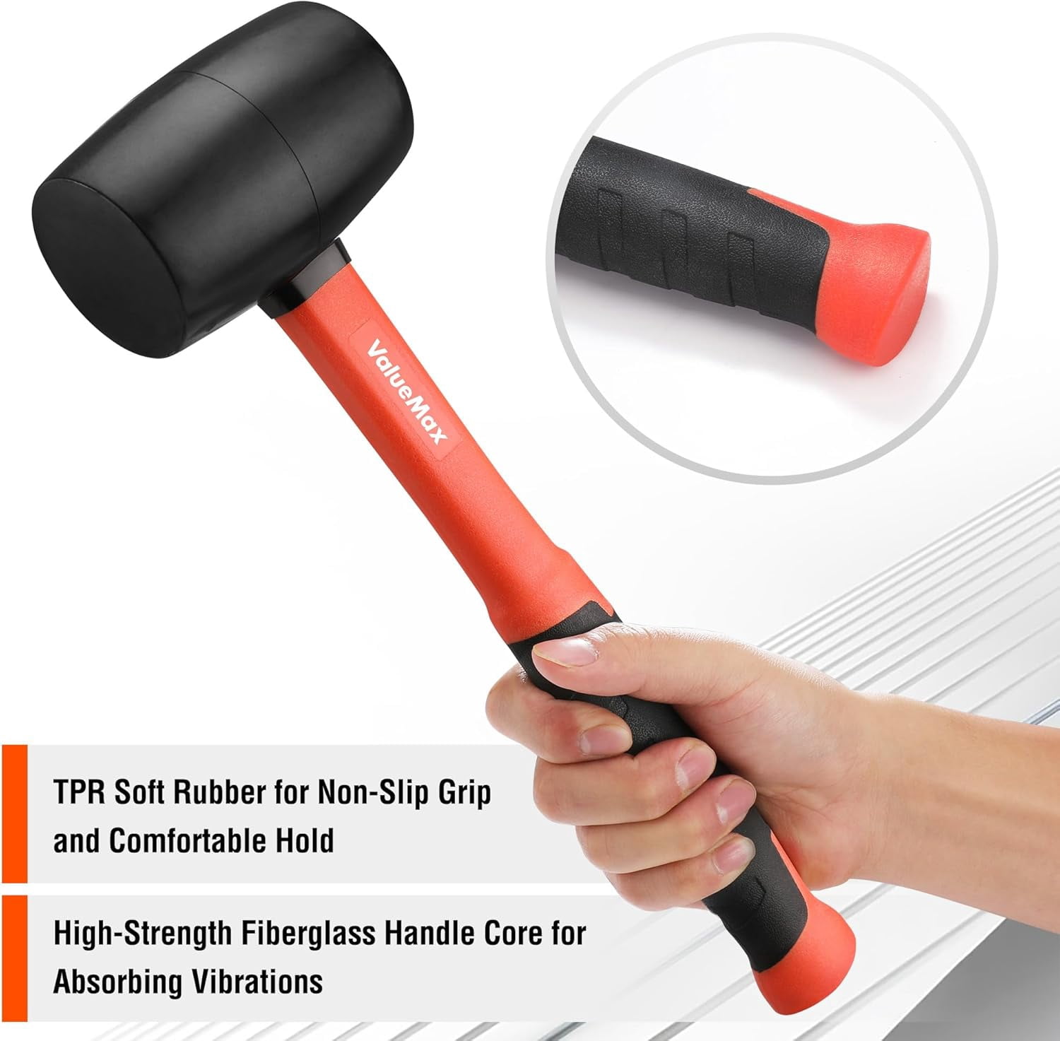 RGHJAR-16oz Rubber Mallet Hammer, Fiberglass Handle, Double-Faced Soft Mallet, Soft Blow Tasks without Damage for Camping, Flooring, Tent Stakes, Woodworking