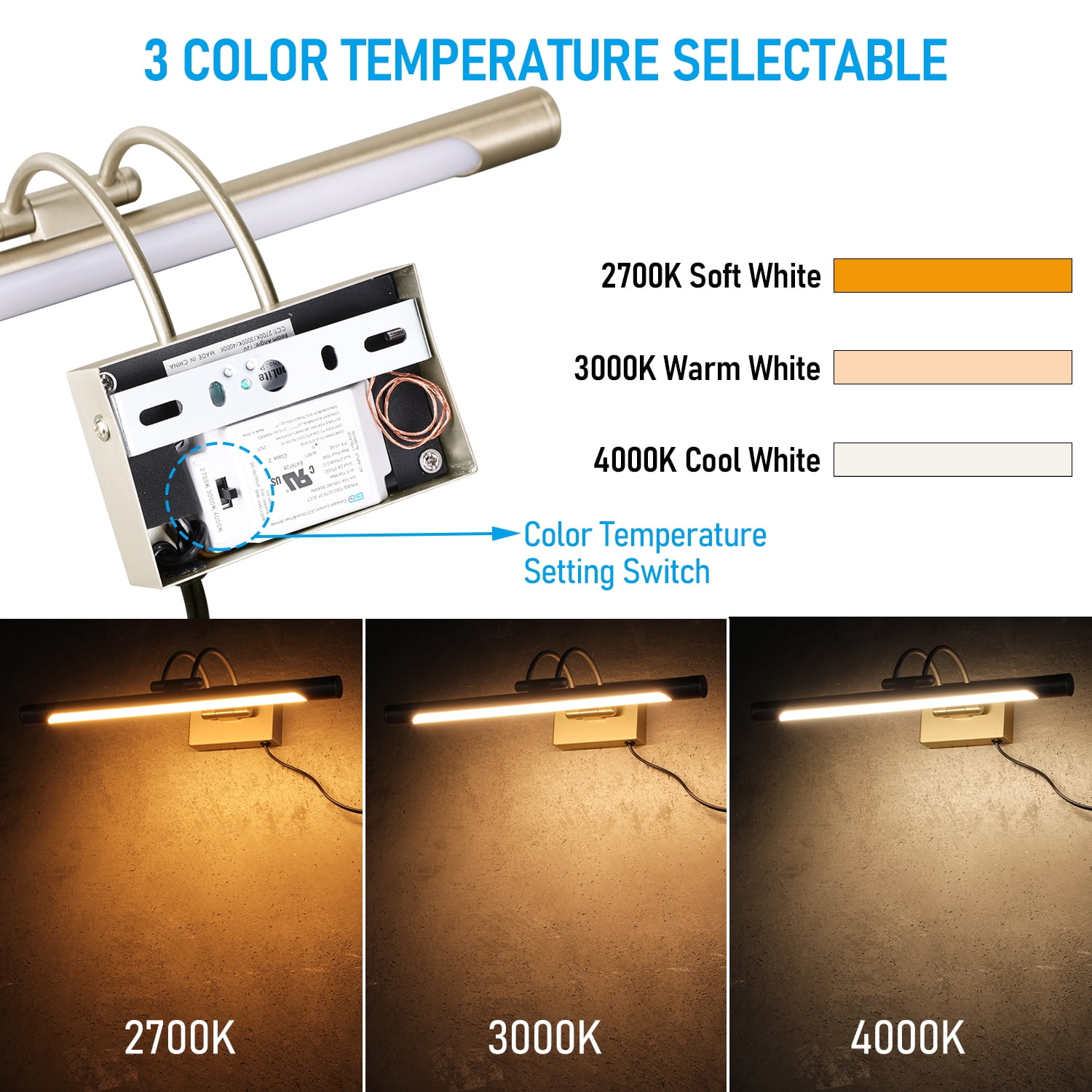 2 Pack LED Picture Lights, 15.75", Metal Dimmable Artwork Lamps, CRI90+, Plug-n-Play & Hardwire Art Lighting, Antique Brass