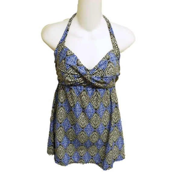 Tropical Escape Womens Blue & Black Print Halter 1 Piece Swimsuit Swim Dress 6
