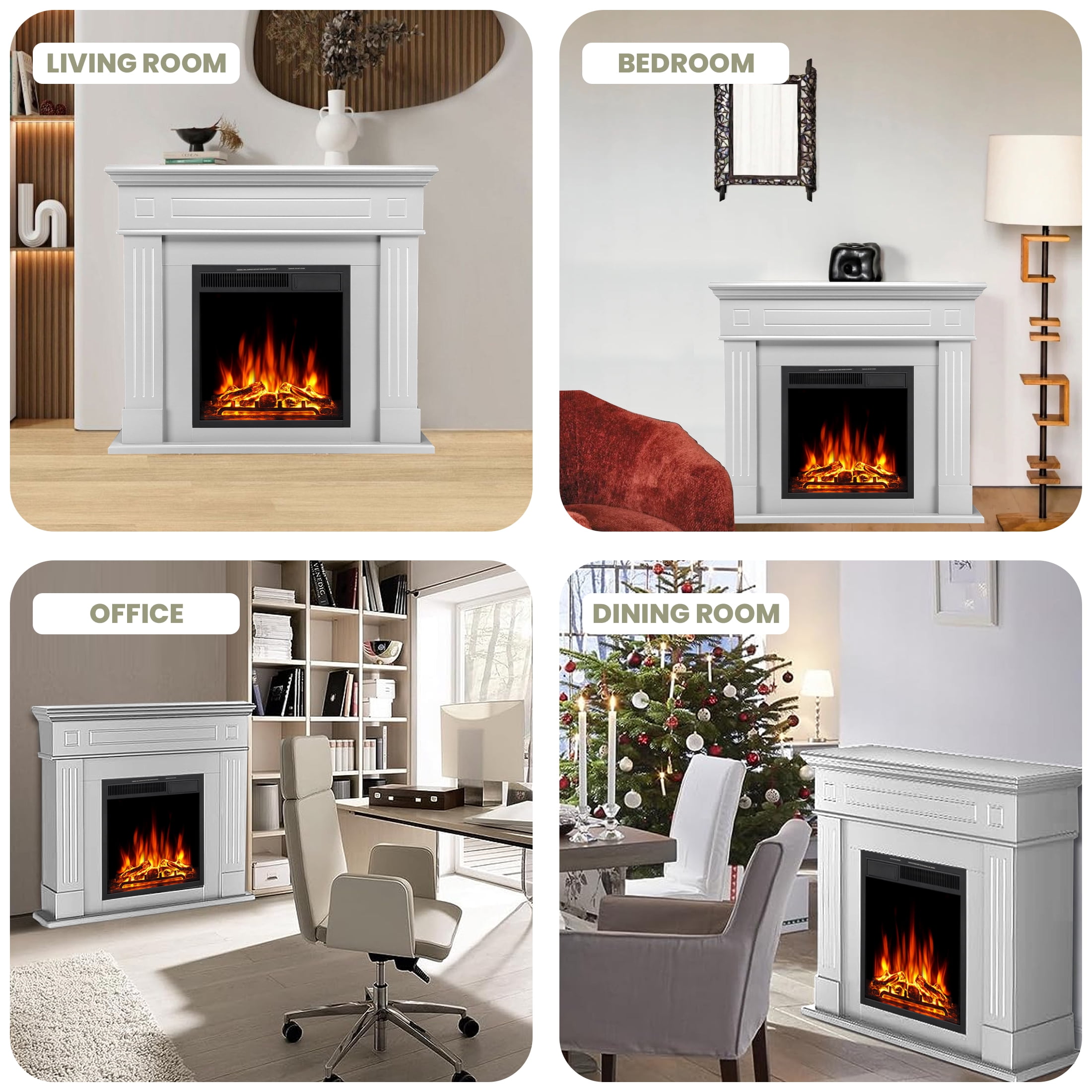 KISSAIR Electric Fireplace Mantel Package Wooden Surround Firebox Electric Fireplace Heater with Logs, Adjustable Led Flame, Remote Control for Room, 750W-1500W, Pearlwhite
