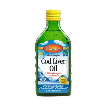 Carlson Wild Norwegian Cod Liver Oil   Vitamin A & D3 Liquid, 1100 mg Omega-3, Lemon, 8.4 Fl Oz.