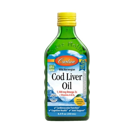 Carlson Wild Norwegian Cod Liver Oil + Vitamin A & D3 Liquid, 1100 mg Omega-3, Lemon, 8.4 Fl (Best Fermented Cod Liver Oil)