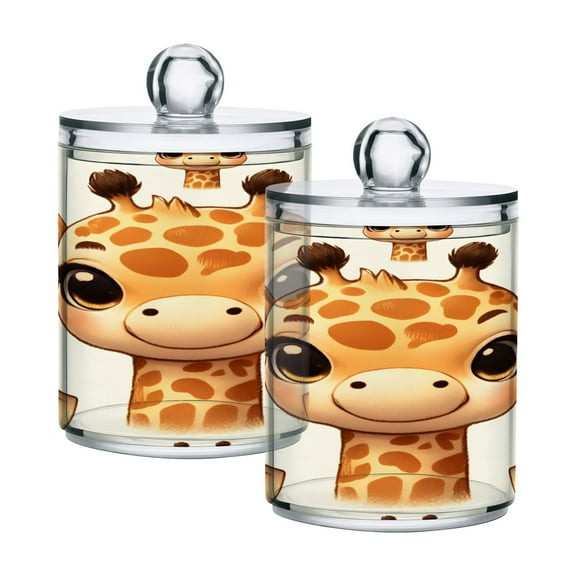 2 Pack Qtip Holder Dispenser Cute Baby Giraffe Head Clear Plastic Storage Apothecary Jars for Cotton Swabs Balls Pads Floss