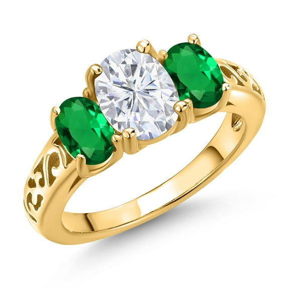 Gem Stone King 18K Yellow Gold Plated Silver White Moissanite and Green Nano Emerald Filigree Style 3 Stone Ring for Women (2.30 Cttw, Oval 8X6MM and 6X4MM) (Size 5)