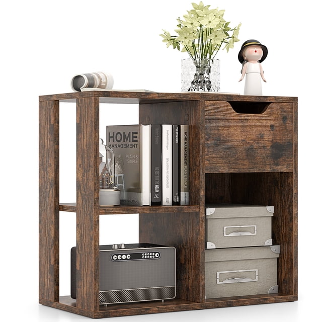 Giantex Wooden End Table, Sofa Side Table w/Drawer, Small Bedside Table, Bookshelf Bookcase Nightstand for Home Office, Brown