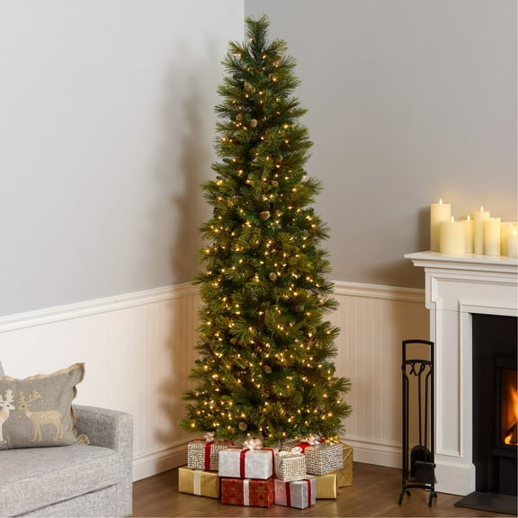 National Tree Company 7.5 ft Pre-Lit Carolina Pine Slim Artificial Christmas Tree, 600 Clear Lights, 759 Tips, Includes Stand, Green