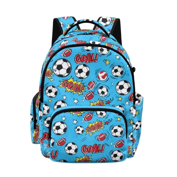SCRAWLGOD Soccer Rugby Stars Print Blue School Backpack for Boys Girls Backpack for Kids Teens Elementary Middle School 17 inch Large Knapsack with Padded Strap