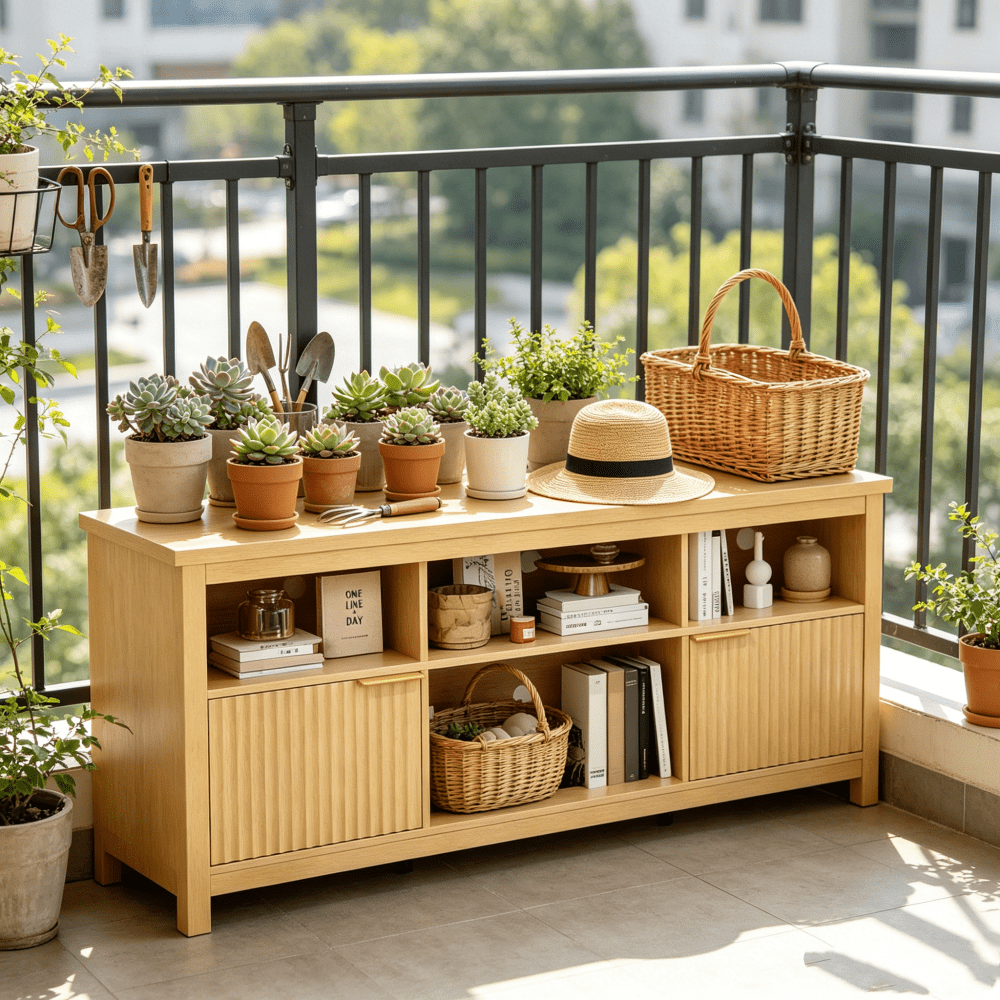TV Stand with 4 Open Cubbies & 2 Fluted Hinged Storage Doors, Adjustable Inner Shelves, Cable Management Holes, Media Console Cabinet for Living Room Bedroom, 58.07" x 14.96" x 27.36"