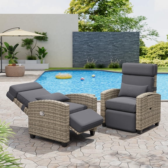 Grey 2-Pack Adjustable Backrest Footrest Wicker Patio Recliners