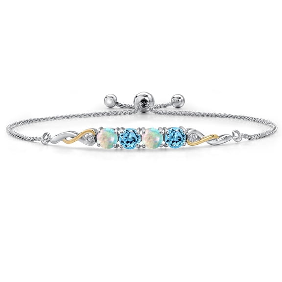 925 Silver and 10K Yellow Gold Simulated White Opal, Swiss Blue Topaz & White Lab Grown Diamond Bracelet for Women | 2.32 Cttw | Gemstone October Birthstone | Round Cabochon 5MM | Fully Adjustable 9"