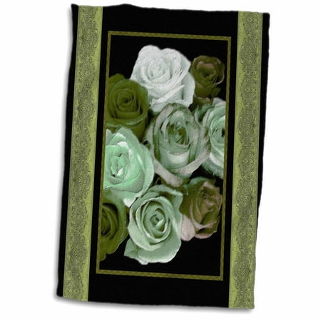 Khaki Olive Green - 3dRose Dreamy hues of mint olive and khaki roses with olive green damask ribbon trim - Towel, 15 by 22-inch