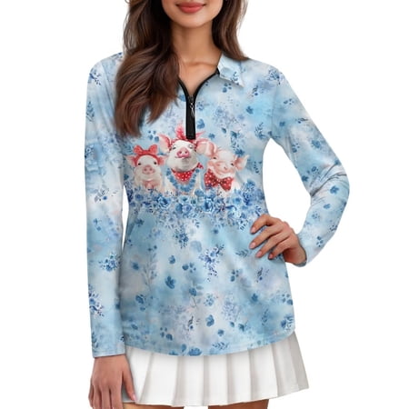 Chririnla Cute Piglet Women UPF 50+ UV Shirts Long Sleeve Golf Polo Workout Sun Shirt Quick Dry Moisture Wicking Athletic Hiking Running Tops for Exercise Running Fishing XS