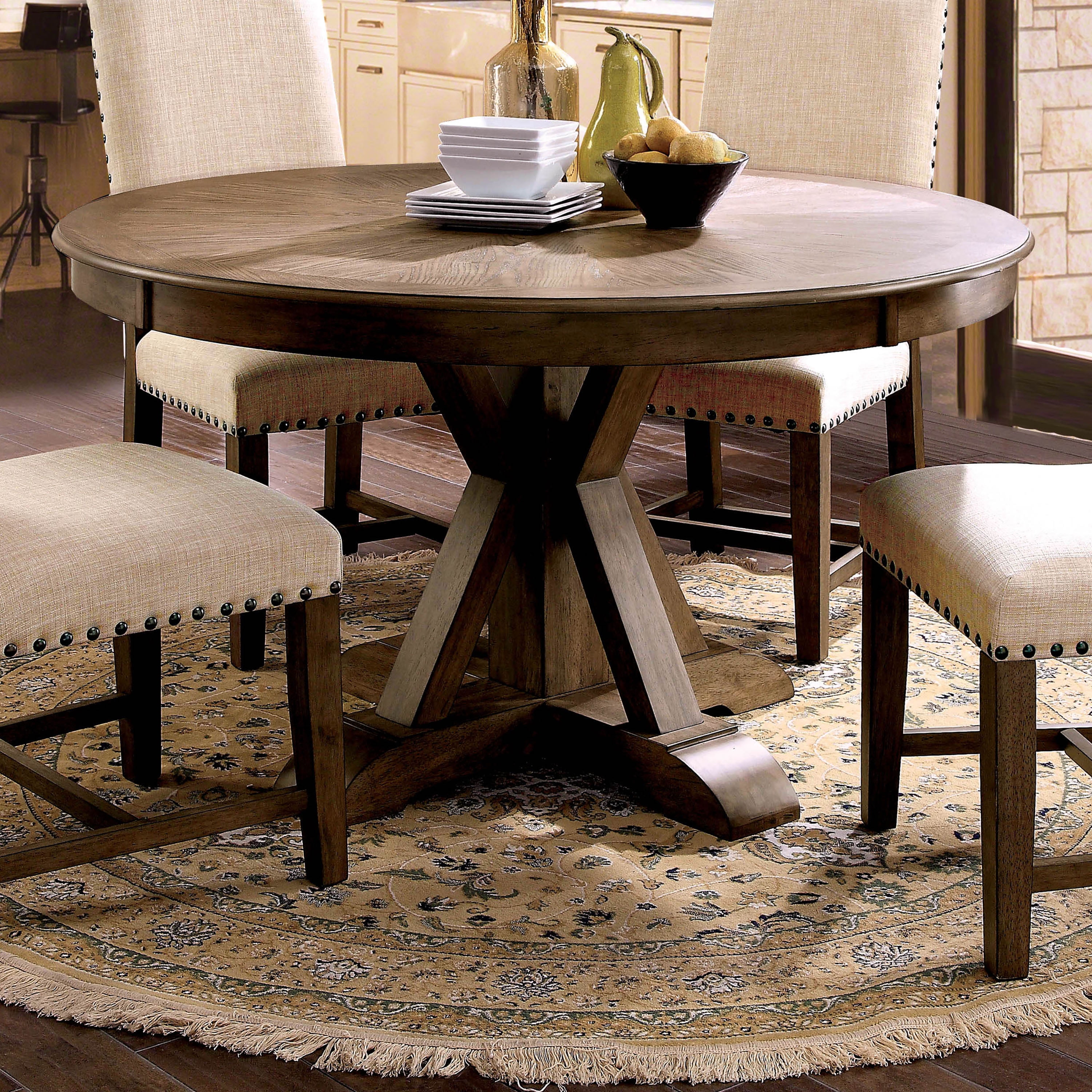 Furniture of America Stanley Pedestal Round Dining Table, Light Oak