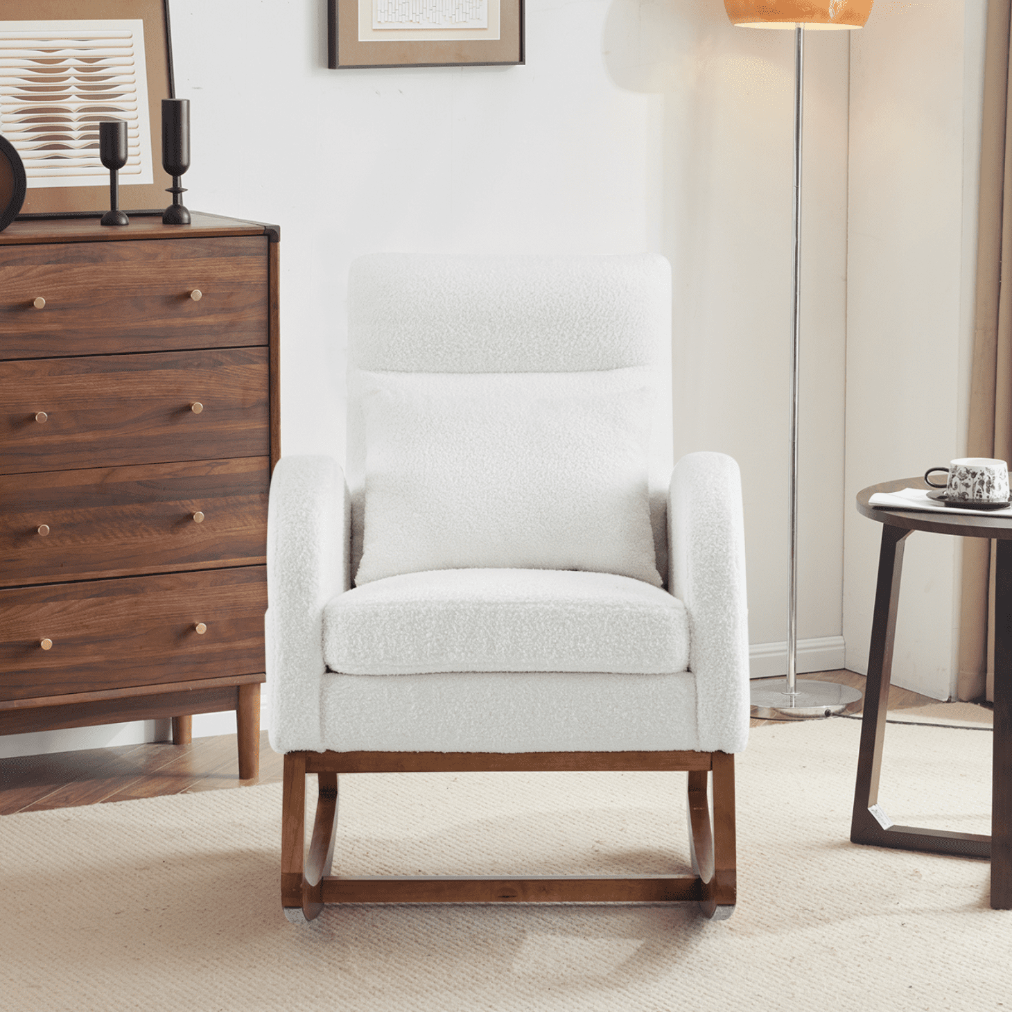 Rocking Chair Nursery with Thick Headrest, Upholstered Mid-Century Modern Nursing Rocker Glider with Curved Armrest, Sturdy Solid Wood Base for Living Room, Bedroom, Baby Room (White Teddy Fleece)