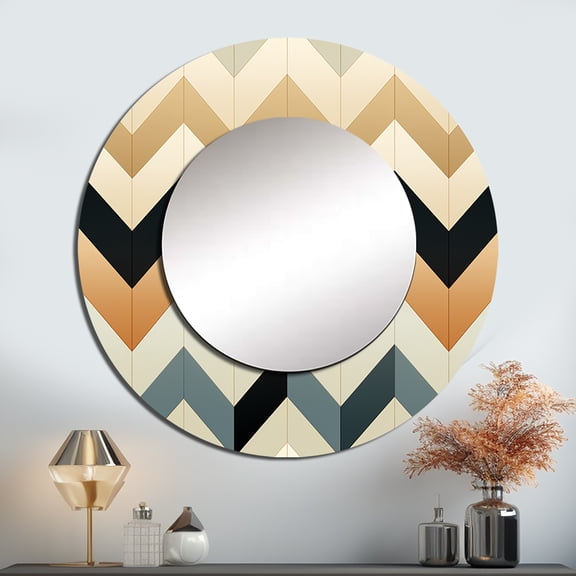 Designart "Chevron Boho Ivory III" Chevron Beige Large Round Mirror - Round Bedroom Mirror Wall Decor - Glam Round Printed Mirror - 23" x 23"